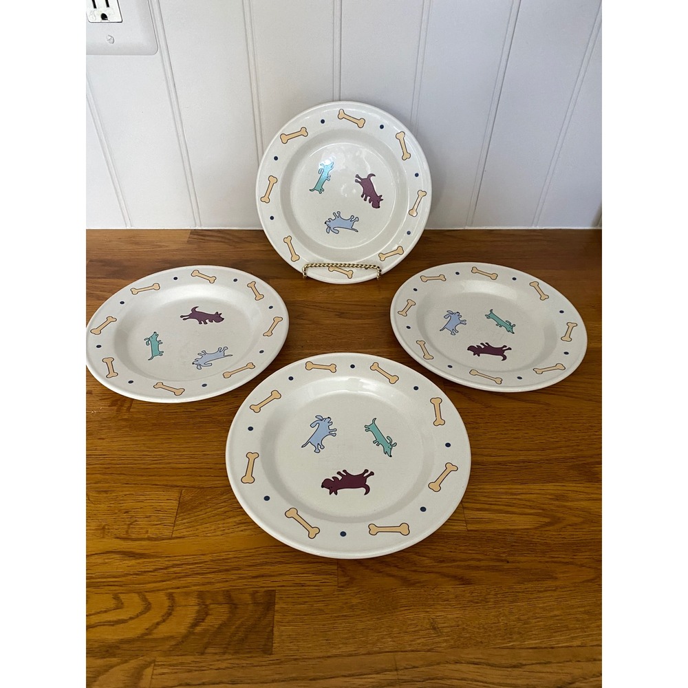 Citation Raining Cats & Dogs Stoneware Plates Set of 4 Dog Bone White 7.5 Inch